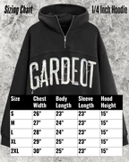 Sizing chart for Gardeot Acid Wash 1/4 Inch Hoodie, featuring sizes S to 2XL and dimensions for each size.